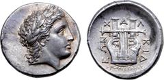Greek Macedon, Chalkidian League AR Tetradrachm. Olynthos, circa 355-352 BC. Ariston, magistrate. Laureate head of Apollo to right / Kithara with six strings, ΧΑΛΚΙΔΕΩΝ around, ΕΠΙ ΑΡΙΣΤΩΝΟΣ below; al