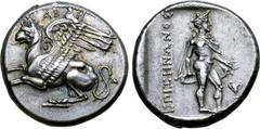 Greek Thrace, Abdera AR Stater. Zenonos, magistrate. Circa 355 BC. Griffin balanced on hind left to left, forelegs outstretched; ABΔH above / Hermes advancing to right, wearing petasos and chlamys, le