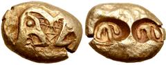 Greek Ionia or Lydia, uncertain mint EL Trite - 1/3 Stater. Circa 600-560 BC. Lydo-Milesian Standard. 'Schematic', linear outline of conjoined, roaring lions' heads / Double incuse punch with 'horse s