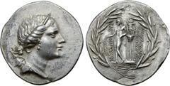Greek Ionia, Magnesia ad Maeandrum AR Tetradrachm. Apollodoros, son of Kallikrates, magistrate. Reduced Attic standard, circa 160-150 BC. Head of Artemis Leukophryene right, wearing stephane; bow and 