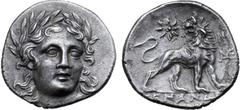 Greek Ionia, Miletos AR Drachm. Circa 205 BC. Laureate head of Apollo facing slightly right / Lion standing left, head reverted; in left upper field, MI monogram over ME monogram; in right upper field