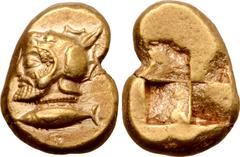 Greek Mysia, Kyzikos EL Hekte - 1/6 Stater. Circa 550-500 BC. Bearded head of Poseidon to left, wearing a helmet in the form of the head of a sea monster; tunny fish to right below / Quadripartite inc