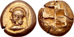 Greek Mysia, Kyzikos EL Stater. Circa 550-500 BC. Head of Athena left, wearing crested Attic helmet, base of crest decorated with zig-zag and pellet pattern; tunny fish to left below / Quadripartite i