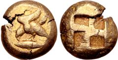Greek Mysia, Kyzikos EL Stater. Circa 500-450 BC. Eagle standing to left, both wings raised, pecking at tunny fish below to left / Quadripartite incuse square. Von Fritze 94, pl. III, 13 = Boston MFA 