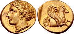 Greek Mysia, Lampsakos AV Stater. Circa 370-360 BC. Head of Demeter left, wearing wreath of grain ears in caught up and back swept hair, crescent-shaped earring with quadruple pendant and pearl neckla