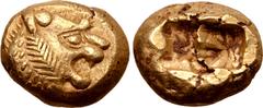 Greek Kingdom of Lydia, Alyattes EL Trite - 1/3 Stater. Sardes, circa 610-546 BC. Head of roaring lion right, sunburst with five rays on forehead / Two incuse square punches. GRPC Lydia G25; Weidauer 