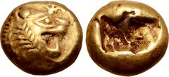 Greek Kingdom of Lydia, Alyattes EL Trite - 1/3 Stater. Sardes, circa 610-546 BC. Head of roaring lion right, sunburst with four rays on forehead / Two incuse square punches. GRPC Lydia G24; Weidauer 