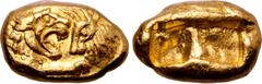 Greek Kingdom of Lydia, Kroisos AV Stater. Heavy series. Sardes, circa 564/53-505/500 BC. Confronted foreparts of roaring lion to right and bull to left, each with extended foreleg / Two incuse square