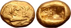 Greek Kingdom of Lydia, Kroisos AV Stater. Light series. Sardes, circa 564/53-550/39 BC. Confronted foreparts of roaring lion to right and bull to left, each with extended foreleg / Two incuse squares
