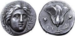 Greek Rhodos, Rhodes AR Didrachm. Circa 304-275 BC. Head of Helios facing slightly right / Rose with bud to right, ΡOΔION above, grape cluster and EY to left. Ashton, Rhodian Series 2, pl. XVI, 33; SN
