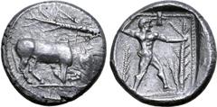 Greek Cyprus, Golgoi(?) AR Stater. Circa 460-430 BC. Bull kneeling to right on ground line; bare fir-tree trunk above / Nude male figure (Herakles?) standing to right, holding tree in left hand, and r