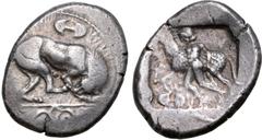 Greek Cyprus, Marion AR Stater. Sasmas, circa 470-450 BC. Lion standing right, licking its right foreleg; Boiotian shield above, [sa-sa-ma-o to-ka-ro-to-sa] (Sasmas, son of Doxandros) in Cypriot scrip