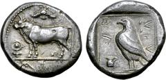 Greek Cyprus, Paphos AR Stater. Stasandros, circa 425 BC or later. Bull standing left; winged solar disk above, ankh to left, palmette ornament in exergue / Eagle standing left; one-handled vase to le
