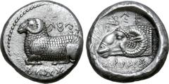 Greek Cyprus, Salamis AR Stater. Gorgos II, circa 450-430 BC. Ram recumbent to left, Cypriot above and below: 'pa-si-le-wo-[se] ku-ru-ko-ne'; all within dotted border / Ram's head to left, Cypriot scr