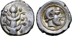 Greek Kyrenaika, Kyrene AR Tetradrachm. Circa 450-420 BC. Silphium plant with two pairs of leaves and five umbels; at base of stem, two tiny leaves to [left] and right / Head of Zeus Ammon to right, h