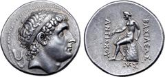 Greek Seleukid Empire, Antiochos I Soter AR Tetradrachm. Smyrna, circa 281-261 BC. Diademed head right / Apollo Delphios seated left on omphalos, testing arrows and resting left hand on grounded bow; 
