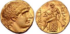 Greek Seleukid Empire, Antiochos I Soter AV Stater. Aï Khanoum, circa 266-261 BC. Diademed head of Antiochos I to right, with rejuvenated and idealised features / Apollo Delphios, nude, seated to left