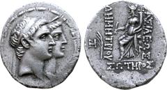 Greek Seleukid Empire, Demetrios I Soter, with Laodike IV, AR Tetradrachm. Seleukia on the Tigris, 161-150 BC. Jugate busts of Demetrios, diademed, and Laodike, draped and wearing stephane, right with