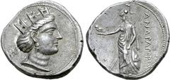 Greek Parthia, Andragoras AR Tetradrachm. Hekatompylos(?), circa 246/5-239/8 BC. Turreted head of Tyche to right, wearing pendant earring and necklace; monogram of Andragoras behind / Athena standing 