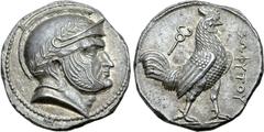 Greek Baktria, Sophytes AR Tetradrachm. Uncertain mint in the Oxus region, circa 246/5-235 BC. Attic standard. Head of Seleukos(?) right, wearing laurel wreathed Attic helmet decorated with spiral pat