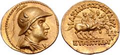 Greek Greco-Baktrian Kingdom, Eukratides I 'the Great' AV Stater. Circa 170-145 BC. Diademed and draped bust right, wearing crested helmet adorned with bull's horn and ear; all within pelleted border 