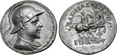 Greek Greco-Baktrian Kingdom, Eukratides I Megas AR Tetradrachm. Circa 170-145 BC. Diademed and draped bust right, wearing helmet adorned with bull's horn and ear; all within bead-and-reel border / Th