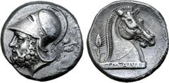 Roman Republic Anonymous AR Didrachm (Quadrigatus). South Italy (Neapolis?), 300-276 BC. Bearded head of Mars left, wearing crested Corinthian helmet; oak spray behind / Head of bridled horse right, [