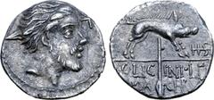 Roman Republic C. Licinius L. f. Macer. AR Sestertius. Rome, 84 BC. Bearded Gallic male head to right, with dishevelled hair and prominent moustache, pierced through by or superimposed over a dart (or