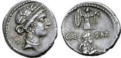 Roman Imperatorial Julius Caesar AR Denarius. Military mint moving with Caesar, 48-47 BC. Diademed female head right, wearing oak-wreath, cruciform earring, and pearl necklace; IIT (Caesar's age) behi