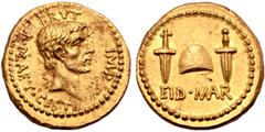 Roman Imperatorial Q. Servilius Caepio (M. Junius) Brutus AV Aureus. Military mint travelling with Brutus in the East, late summer-autumn, 42 BC. L. Plaetorius Cestianus, moneyer. Bare head of Brutus 