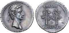 Roman Imperial Augustus AR Denarius. Uncertain Spanish mint (Colonia Caesaraugusta?), 19-18 BC. Head of Augustus to right, wearing corona civica (oak wreath) / Two laurel trees, CAESAR above, AVGVSTVS