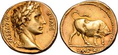 Roman Imperial Augustus AV Aureus. Lugdunum, 11-10 BC. AVGVSTVS DIVI • F, laureate bust to right / Bull butting to right; IMP XII in exergue. RIC 186a; C. 154; BMCRE 471; Calicó 222; BN 1431; Lyon 51;