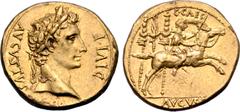 Roman Imperial Augustus AV Aureus. Lugdunum, 8 BC. AVGVSTVS DIVI F, laureate head right / C•CAES, Gaius Caesar galloping to right, holding sword and shield in left hand and gripping reins with right; 
