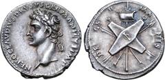 Roman Imperial Nero Claudius Drusus (father of Claudius) AR Denarius. Rome, circa AD 41-45. NERO CLAVDIVS DRVSVS GERMANICVS IMP, laureate head left / DE GERMANIS, two oblong shields crossed, over vexi