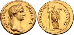 Roman Imperial Antonia (mother of Claudius) AV Aureus. Rome, AD 41-45. ANTONIA AVGVSTA, draped bust right, wearing wreath of grain ears / CONSTANTIAE AVGVSTI, Antonia standing facing, holding long tor