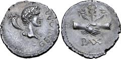 Roman Imperial Civil War, Galba(?) AR Denarius. Uncertain mint in Spain, AD 68. GENIO P. R., bare head of Augustus as the genius of the Roman people, cornucopiae over shoulder / PAX, clasped hands hol