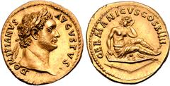 Roman Imperial Domitian AV Aureus. Rome, AD 88-89. DOMITIANVS AVGVSTVS, laureate head right / GERMANICVS COS XIIII, Female German captive seated on shield to right in attitude of mourning; broken spea