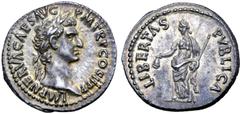 Roman Imperial Nerva AR Denarius. Rome, AD 96. IMP NERVA CAES AVG P M TR P COS II P P, laureate bust to right / LIBERTAS PVBLICA, libertas standing left, holding pileus in right hand and transverse sc