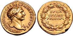 Roman Imperial Trajan AV Aureus. Rome, AD 107. IMP TRAIANO AVG GER DAC P M TR P COS V P P, laureate bust right, wearing aegis / S P Q R OPTIMO PRINCIPI in three lines within oak wreath. RIC 150 var. (