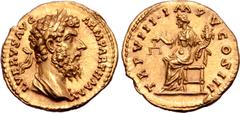 Roman Imperial Lucius Verus AV Aureus. Rome, AD 168. L VERVS AVG ARM PARTH MAX, laureate and draped bust right / TR P VIII•IMP V COS III, Aequitas seated to left, holding scales and cornucopiae. RIC 5