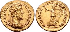 Roman Imperial Commodus AV Aureus. Rome, AD 190-191. M COMM ANT P FEL AVG BRIT P P, laureate and draped bust right / MIN AVG P M TR P XVI COS VI, Minerva hurrying right, head turned back, holding bran