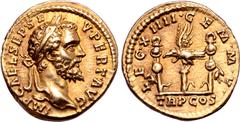 Roman Imperial Septimius Severus AV Aureus. Rome, AD 193. IMP CAE • L • SEP SEV PERT AVG, laureate bust right / LEG XIIII • GEM • M • V •, legionary aquila between two signa; forepart of capricorn on 