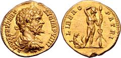 Roman Imperial Septimius Severus AV Aureus. Rome, AD 197. L SEPT SEV PERT AVG IMP VIIII, laureate, draped and cuirassed bust right / LIBERO PATRI, Bacchus (Liber) standing facing, head left, placing r
