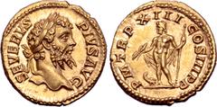 Roman Imperial Septimius Severus AV Aureus. Rome, AD 205. SEVERVS PIVS AVG, laureate head right / P M TR P XIII COS III P P, Jupiter standing left, holding thunderbolt and sceptre, eagle standing to l