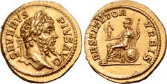 Roman Imperial Septimius Severus AV Aureus. Rome, AD 207. SEVERVS PIVS AVG, laureate head right / RESTITVTOR VRBIS, Roma seated left, holding Victory and sceptre, shield behind. RIC 288; C. 605; BMCRE