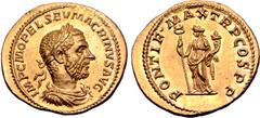 Roman Imperial Macrinus AV Aureus. Antioch, AD 217. IMP C M OPEL SEV MACRINVS AVG, laureate, draped and cuirassed bust right / PONTIF MAX TR P COS P P, Felicitas standing left, cradling cornucopiae wi