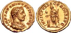 Roman Imperial Elagabalus AV Aureus. Rome, AD 220-22. IMP ANTONINVS PIVS AVG, laureate and draped bust right, with 'horn' / INVICTVS SACERDOS AVG, Elagabalus standing left, in long robe to feet and do
