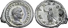 Roman Imperial Gordian I Africanus AR Denarius. Rome, March-April AD 238. IMP M ANT GORDIANVS AFR AVG, laureate, draped and cuirassed bust right / P M TR P COS P P, Gordian standing facing, head left,