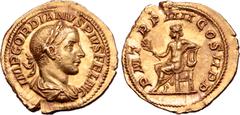 Roman Imperial Gordian III AV Aureus. Rome, AD 241-243. IMP GORDIANVS PIVS FEL AVG, laureate, draped and cuirassed bust right / P M TR P IIII COS II P P, Apollo, bare to waist, seated left, holding br