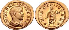 Roman Imperial Philip II, as Caesar, AV Aureus. Rome, AD 245. M IVL PHILIPPVS CAES, bare-headed and draped bust to right / PRINCIPI IVVENT, Philip standing to right, holding spear in right hand, globe